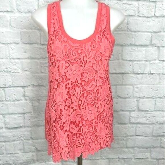 J. Crew Coral Pink Lace Overlay Tank - Picture 1 of 11